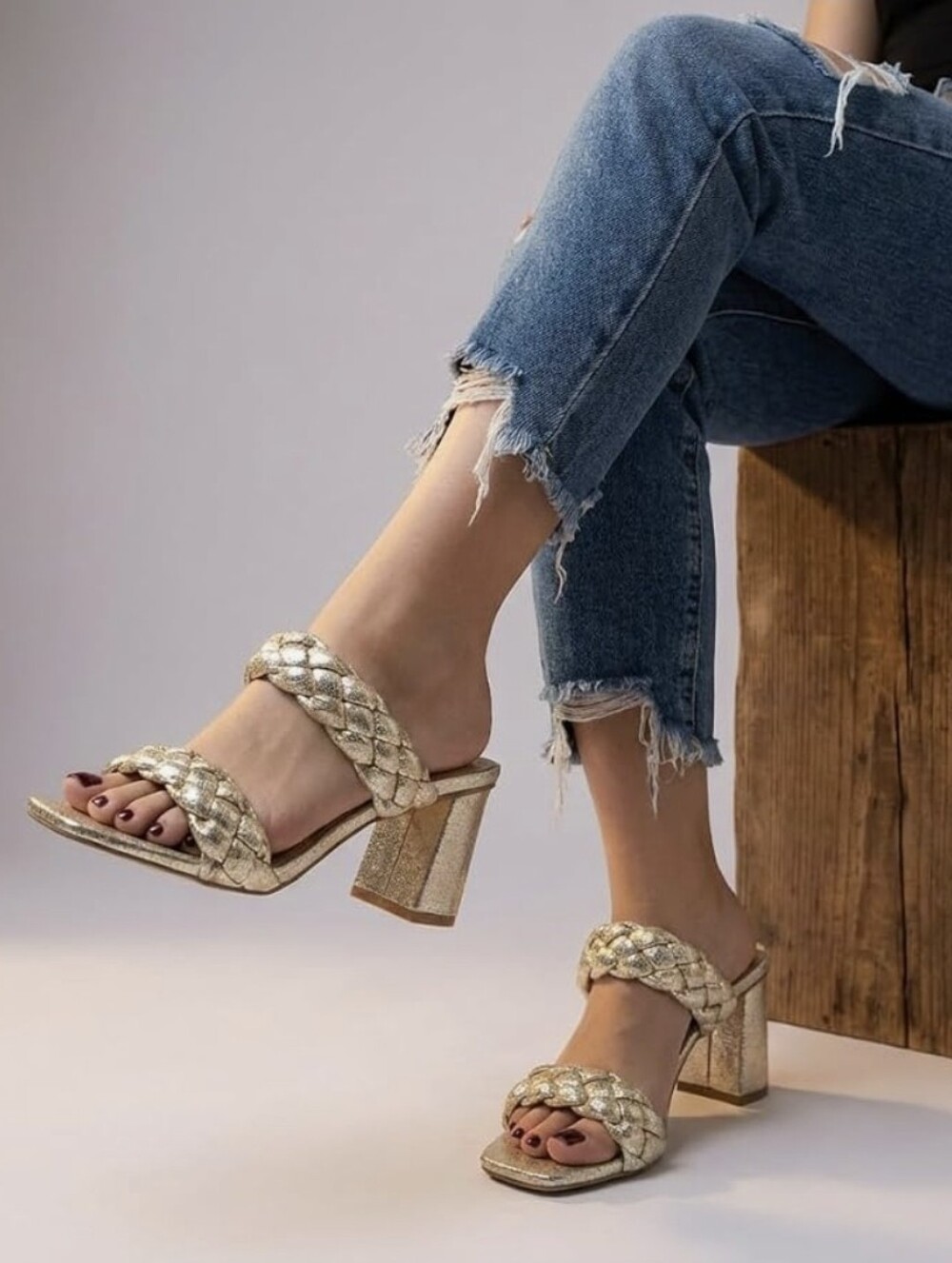 🥨 Braided Gold Block Heel Sandals- Cushionaire Comfort